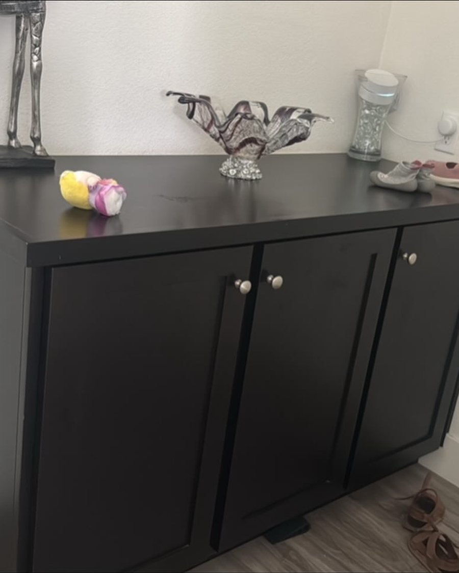 Before: three-door built-in cabinet in dark espresso