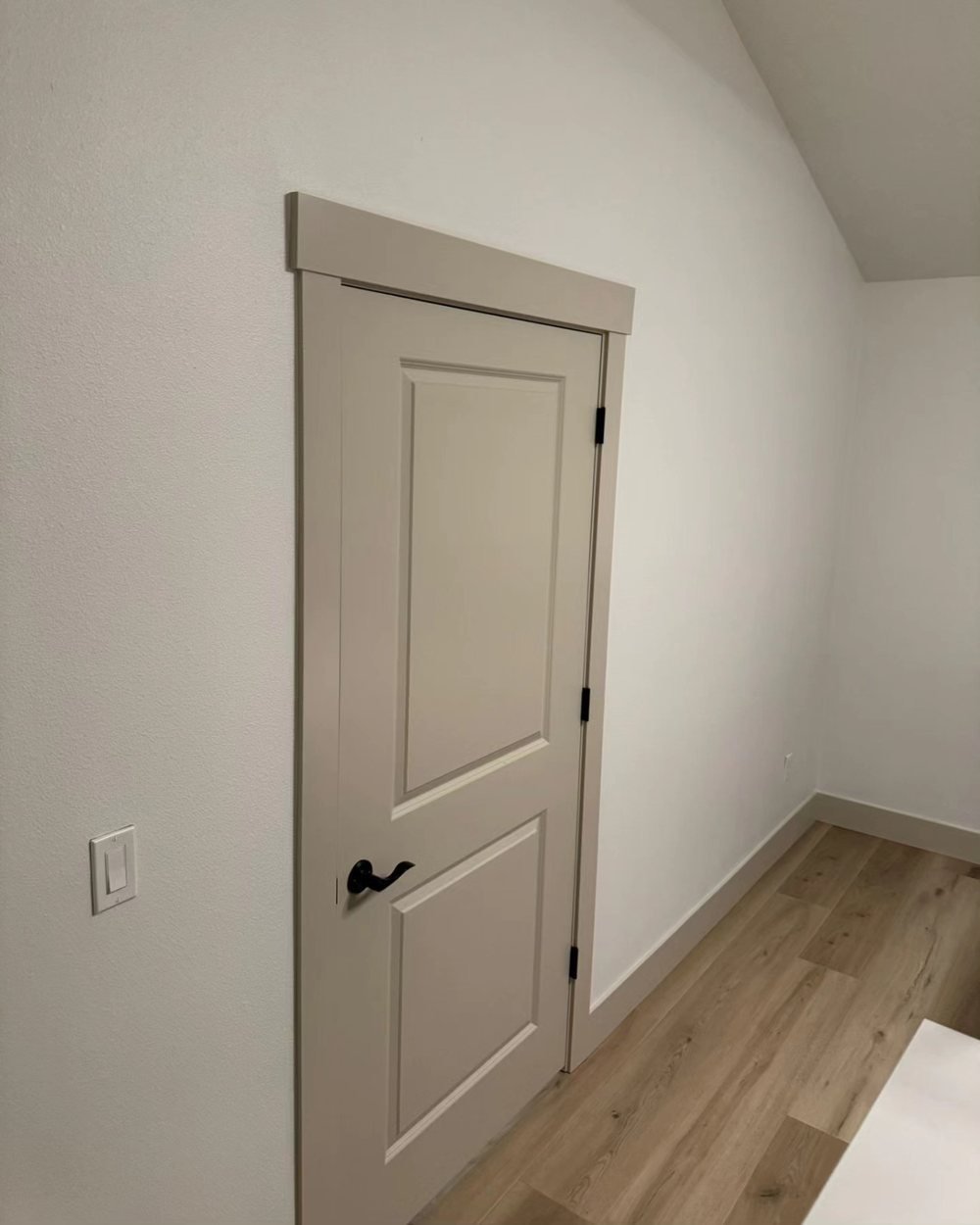 Interior door, casing and baseboards painted greige against white walls